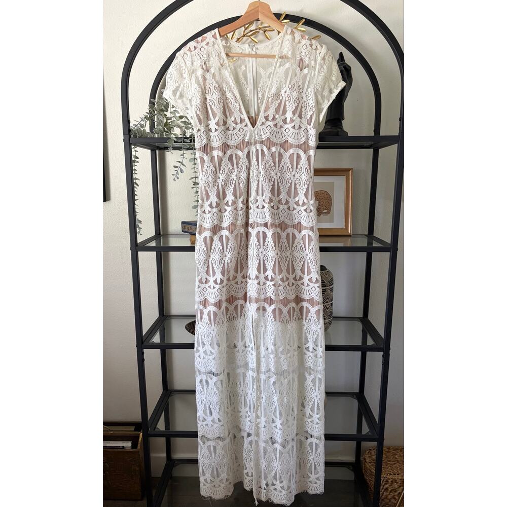 WAYF Womens Small Ivory Lace Maxi Dress Nude Lined Boho Bridal Wedding